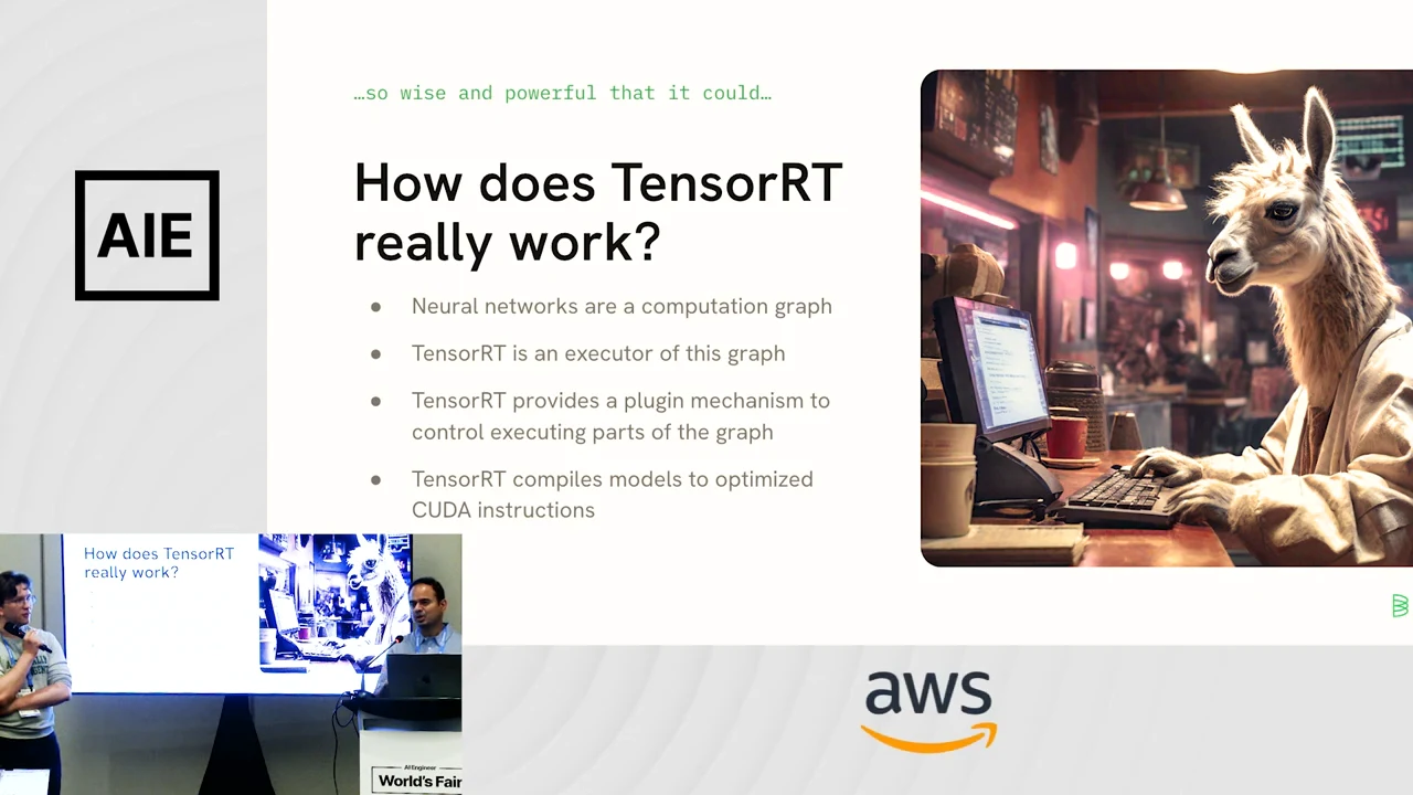 Slide titled “How does TensorRT really work?” with four bullets beside an illustration of a llama using a laptop.
