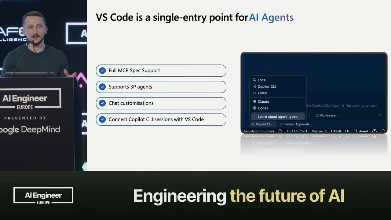 Slide listing full MCP support, third-party agents, chat customisations, and Copilot CLI session connections alongside an agent-selection menu.