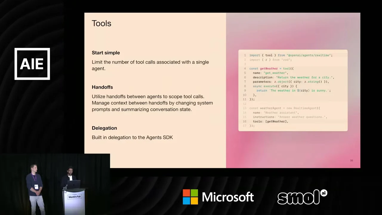 Tools slide lists Start simple, Handoffs, and Delegation beside a weather-tool code example.
