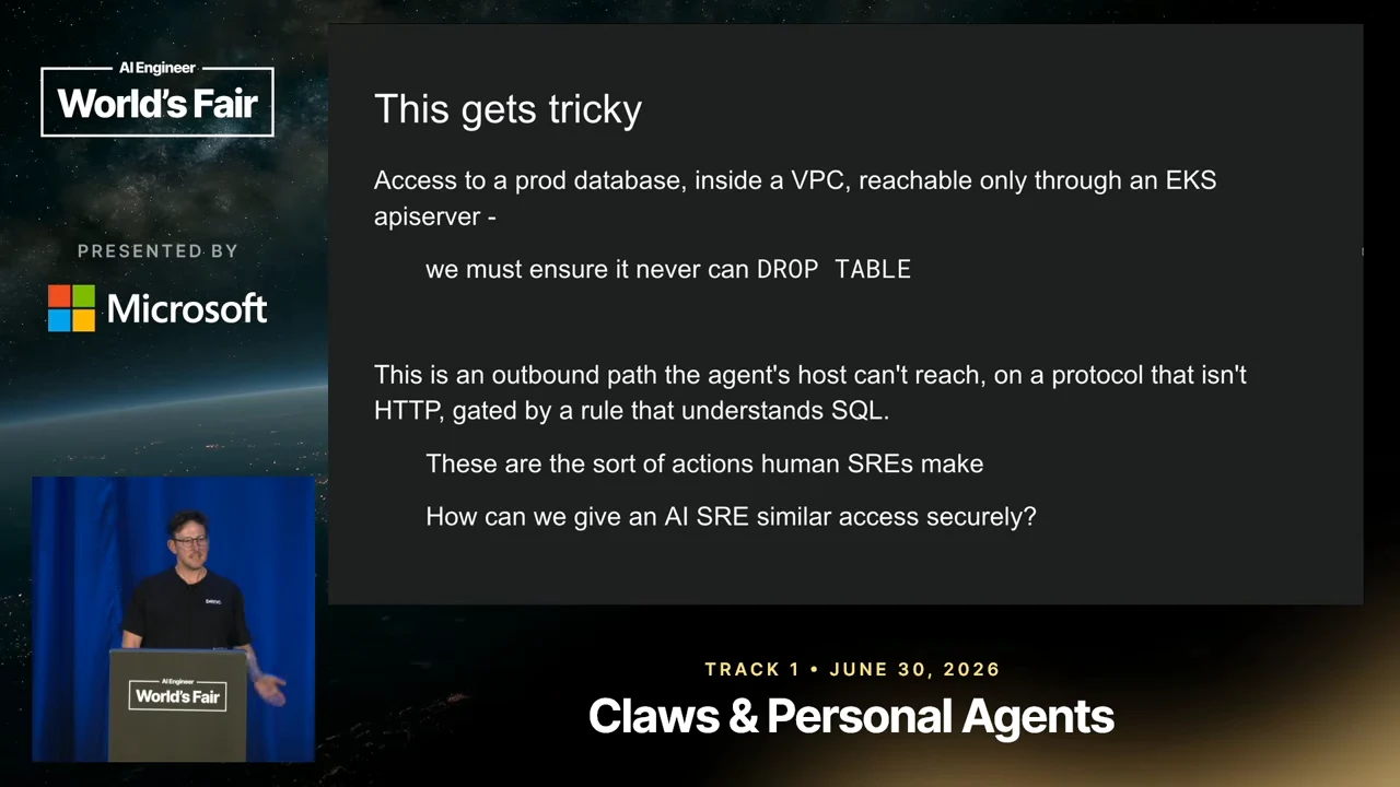 Slide titled “This gets tricky” describes a production database inside a VPC, access through an EKS API server, and the requirement to prevent DROP TABLE.