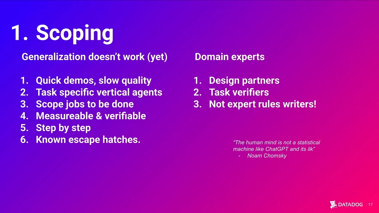 Scoping slide lists vertical agents, jobs to be done, measurable and verifiable steps, and known escape hatches alongside domain expert roles.