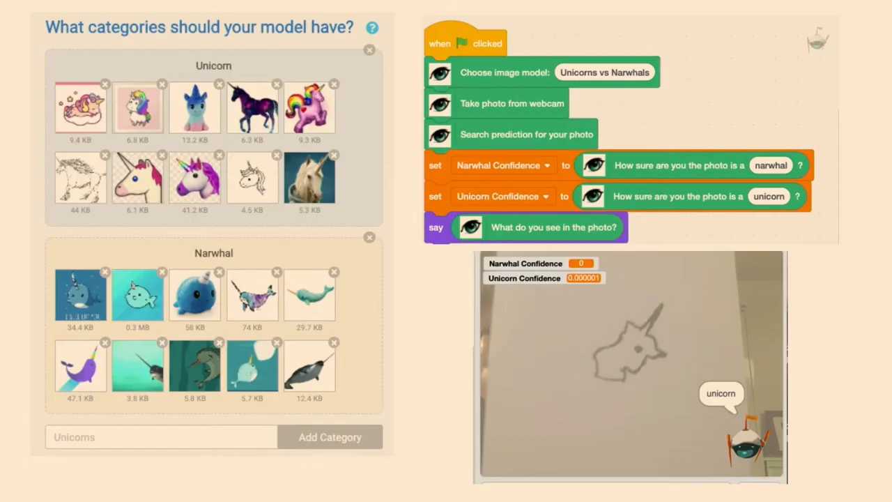 Unicorn and narwhal training images beside programming blocks and a webcam drawing labeled unicorn, with confidence readouts.