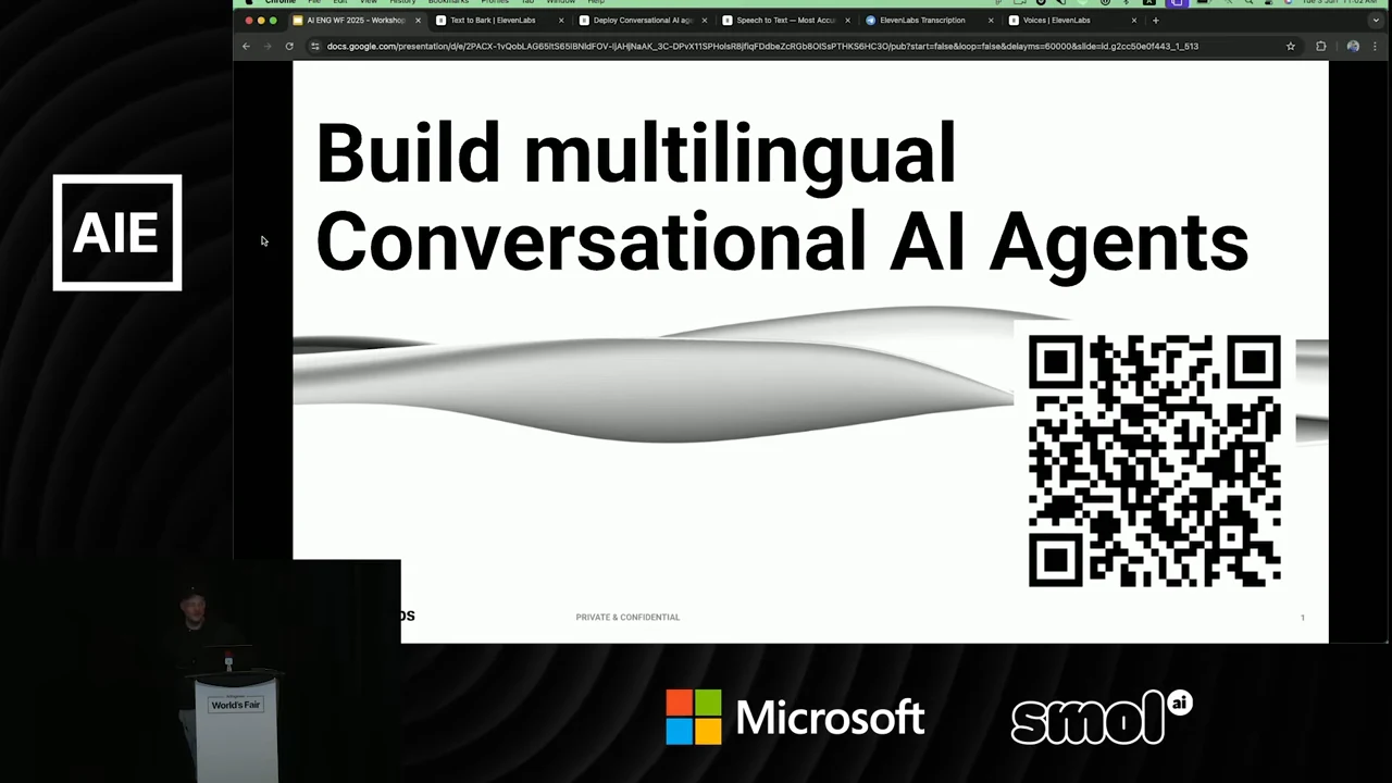 Opening slide with the workshop title, a gray wave graphic and a large QR code.