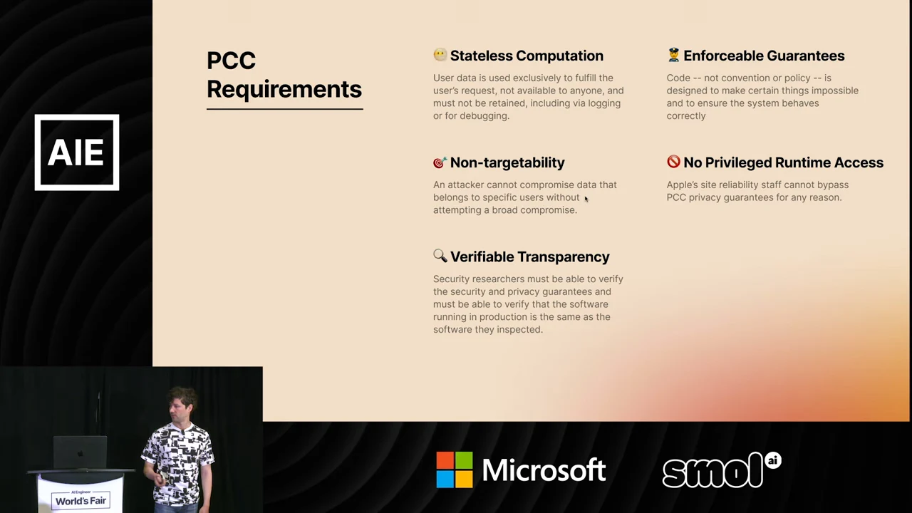 PCC Requirements slide listing Stateless Computation, Enforceable Guarantees, Non-targetability, No Privileged Runtime Access, and Verifiable Transparency.