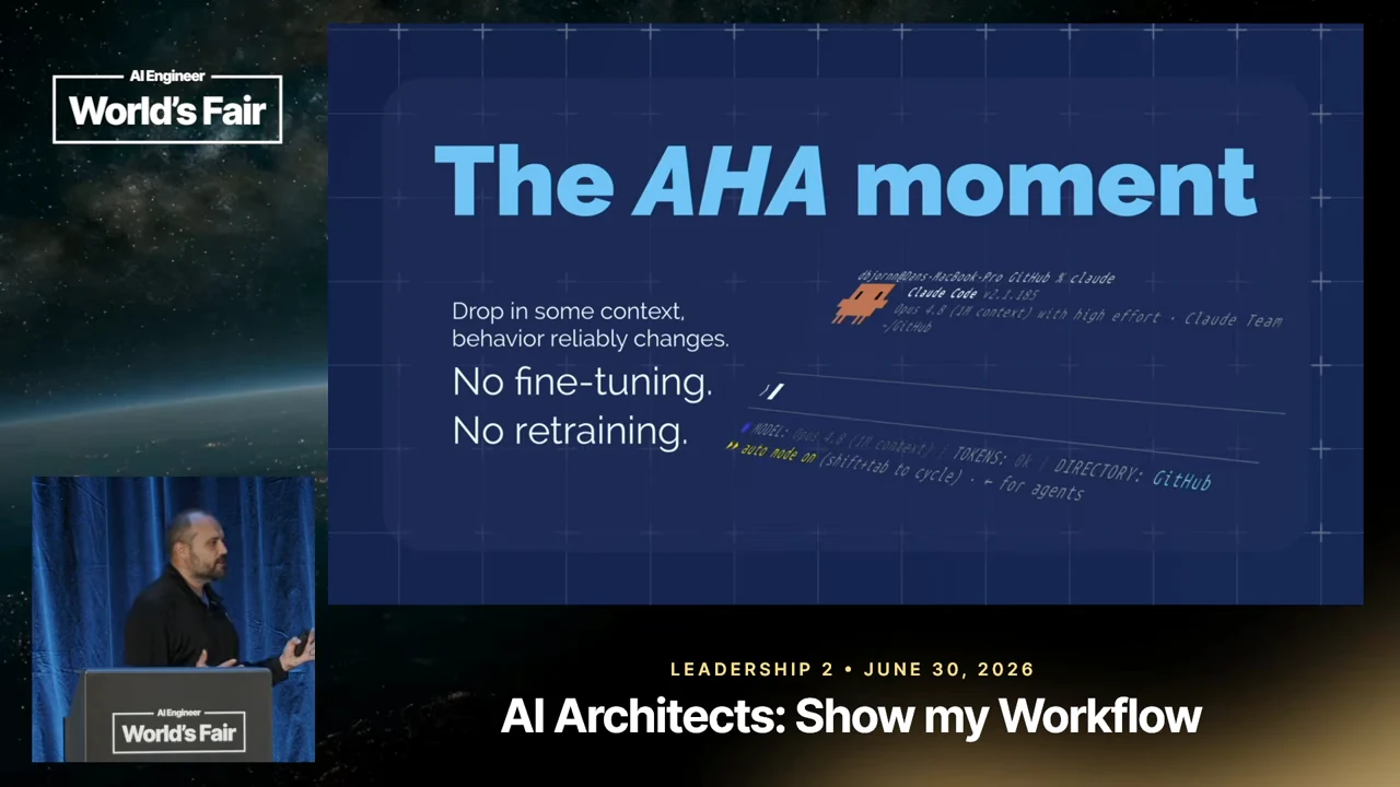 Slide titled “The AHA moment” reads “Drop in some context, behavior reliably changes. No fine-tuning. No retraining.” beside an angled terminal image.