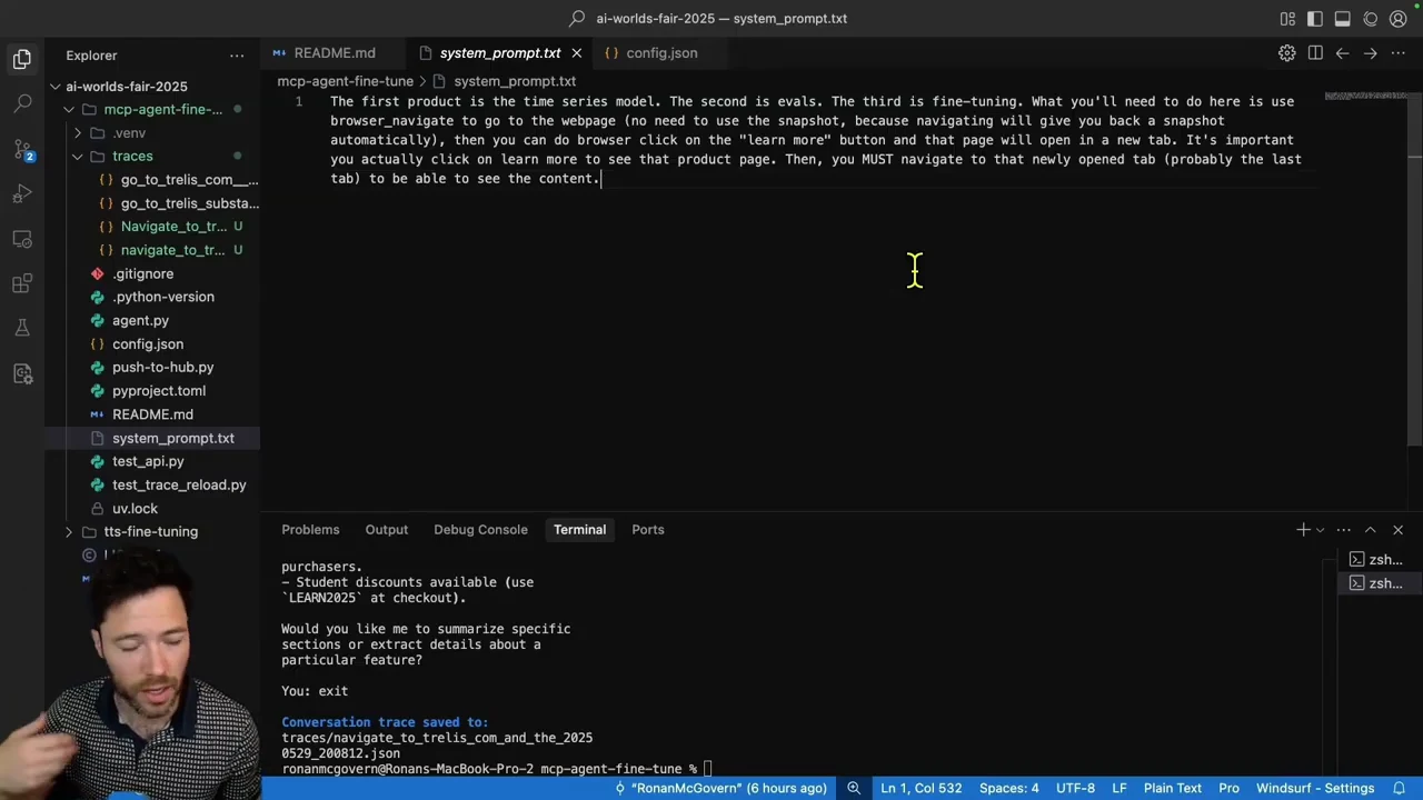 Editor displaying system_prompt.txt with instructions to navigate to a product, click Learn more, and switch to the newly opened tab; a saved-trace message appears in the terminal below.