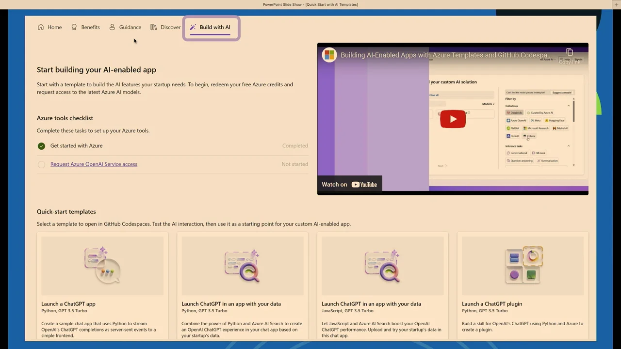Build with AI page showing an Azure tools checklist, an embedded video and four quick-start template cards.