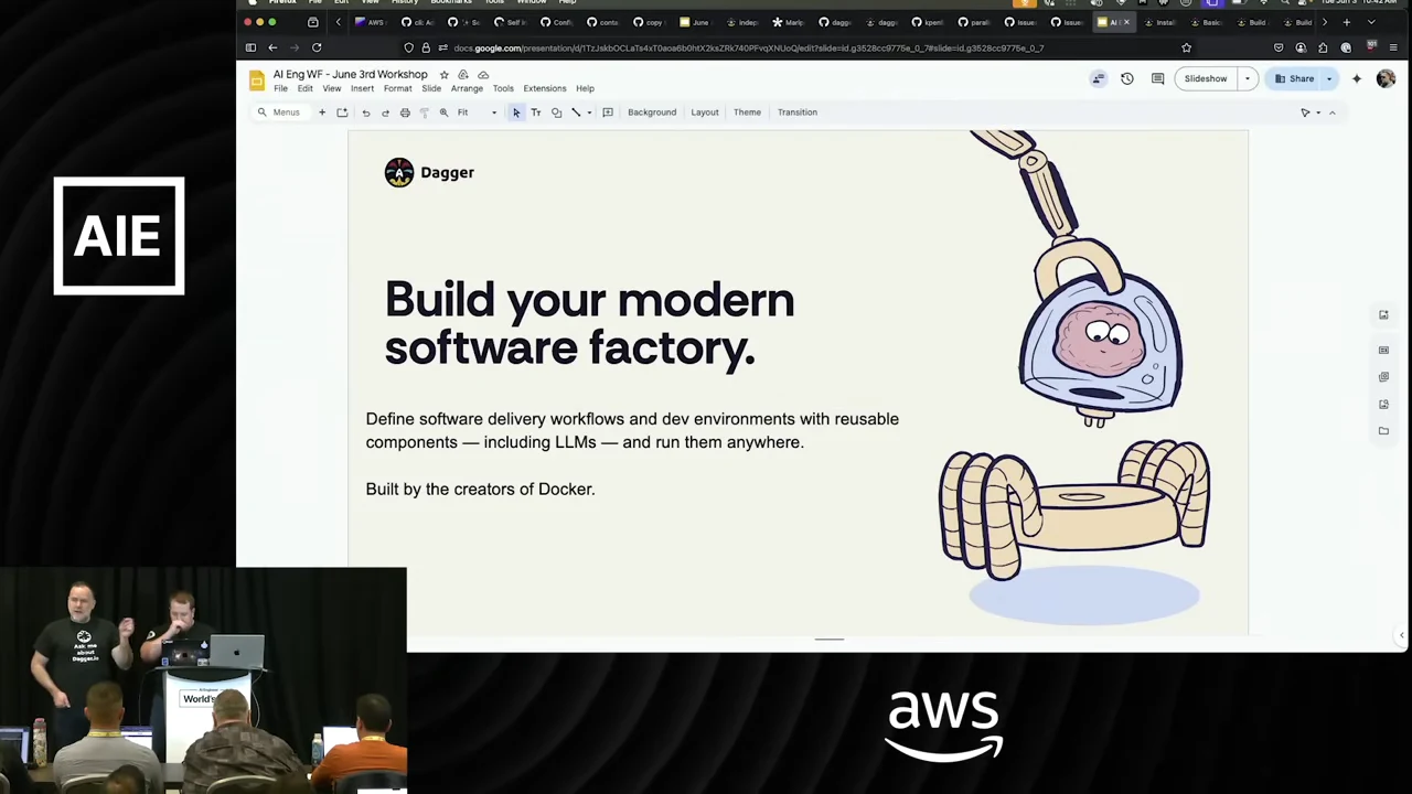Slide reading “Build your modern software factory,” with reusable workflow text and an illustrated robot.