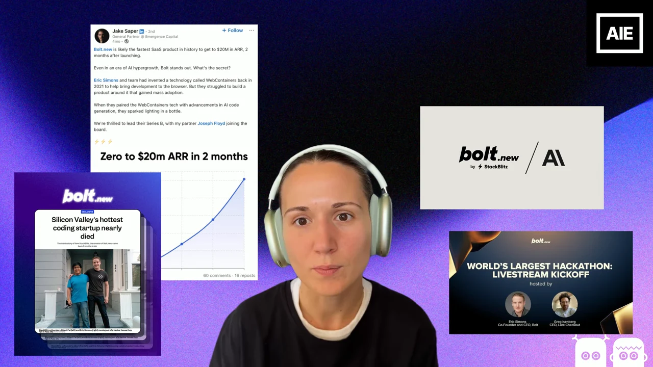 Presenter surrounded by Bolt.new imagery, a chart headed “Zero to $20m ARR in 2 months,” press coverage, and a hackathon livestream graphic.