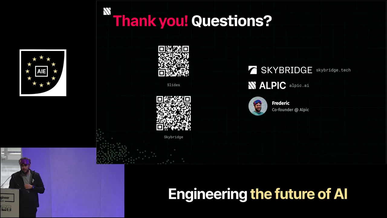 “Thank you! Questions?” slide with QR codes labeled Slides and Skybridge, alongside Skybridge and Alpic branding.