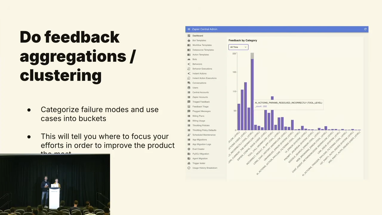 Slide titled “Do feedback aggregations / clustering” beside a dashboard showing a purple feedback-by-category bar chart; a presenter inset covers part of the lower bullet.