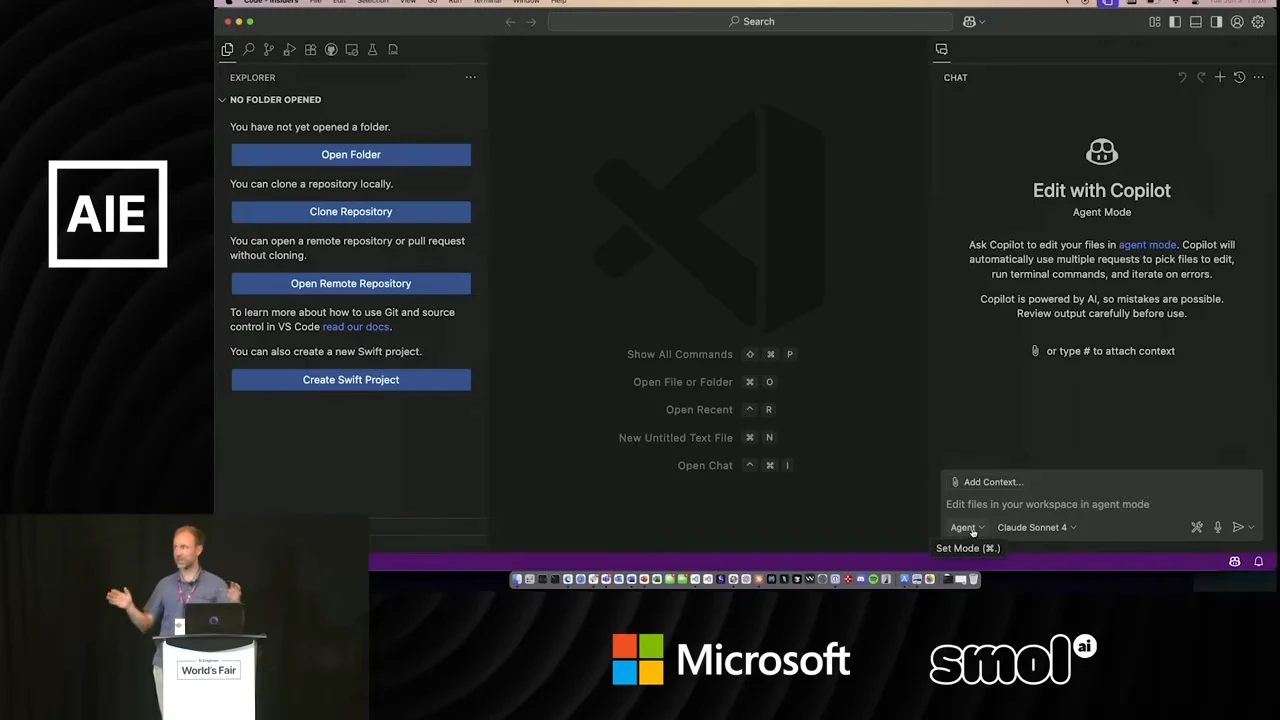 VS Code shows no folder open on the left and an Edit with Copilot chat panel on the right.