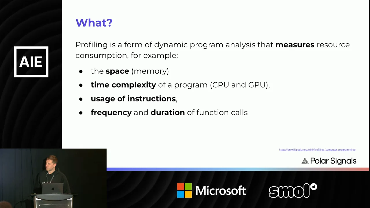 Slide titled “What?” defines profiling and lists space, time complexity, instruction usage, and frequency and duration of function calls.