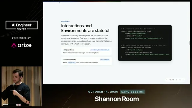 Interaction IDs preserve conversation context, while environment IDs select the persistent filesystem.