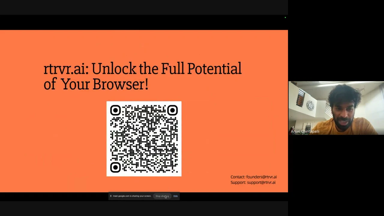 Orange slide reading “rtrvr.ai: Unlock the Full Potential of Your Browser!” above a large QR code, with contact and support addresses at lower right.