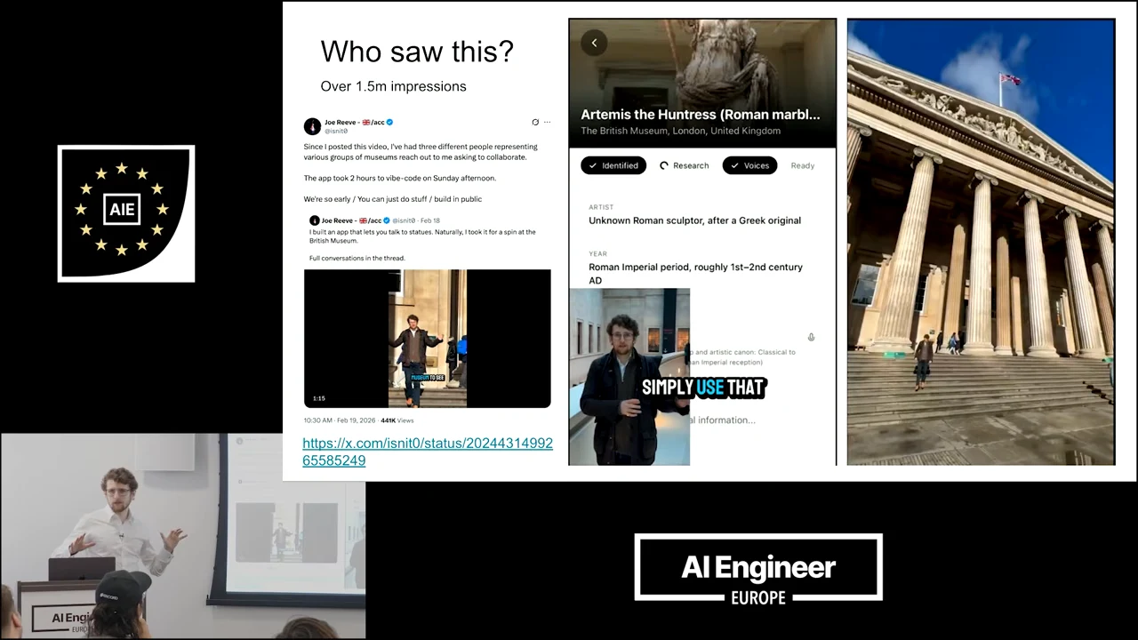 Slide titled “Who saw this?” with a social post, an app screen identifying Artemis the Huntress, and a photograph of the British Museum entrance.
