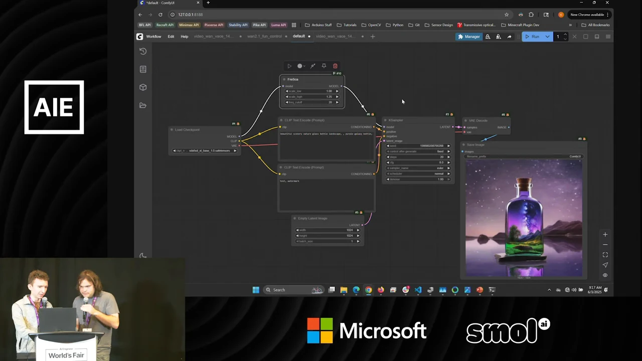 ComfyUI graph with a patch node above the prompt and sampler nodes, and a purple bottle image displayed on the right.