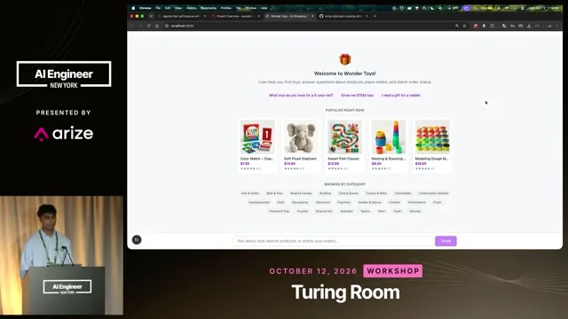 Wonder Toys storefront with product cards, category filters and a shopping-assistant input.