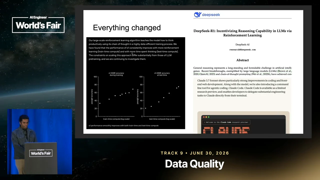 Slide juxtaposing two performance graphs with a DeepSeek-R1 paper heading and a Claude Code excerpt and partial terminal image.