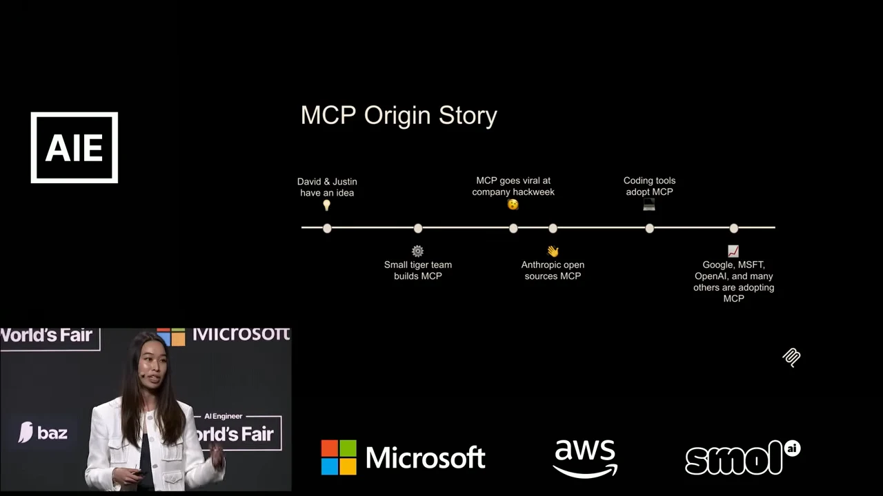 MCP Origin Story slide with a six-point timeline: David and Justin have an idea, a small tiger team builds MCP, company hackweek traction, Anthropic open-sourcing MCP, coding-tool adoption, and adoption by Google, Microsoft, OpenAI and others.