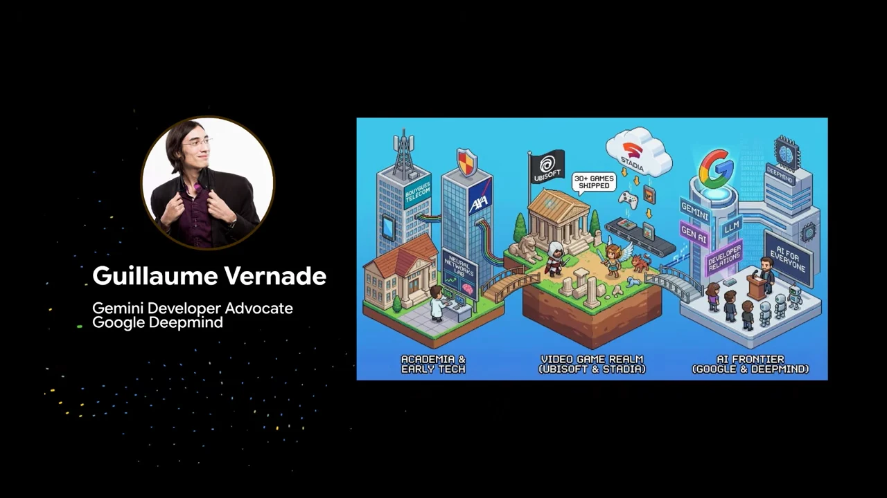 Speaker portrait and name beside an illustrated landscape connecting academia, video games, and Google and DeepMind.