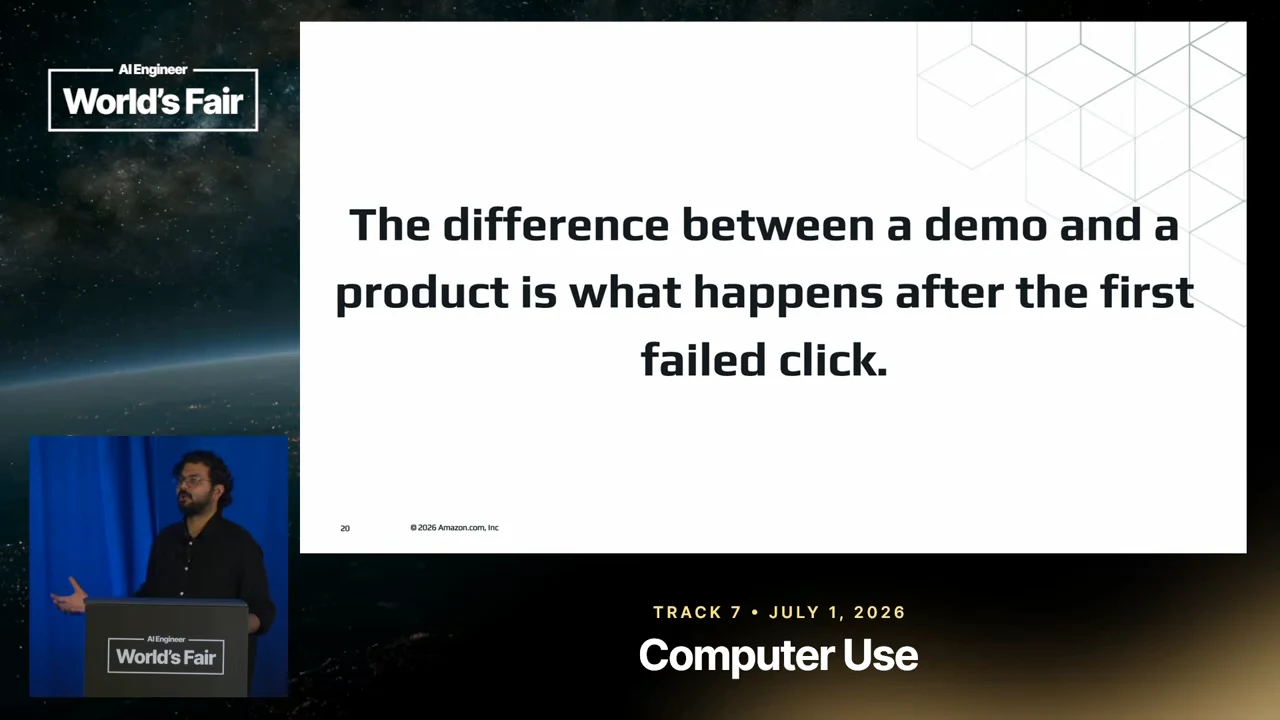 A slide displays the statement: The difference between a demo and a product is what happens after the first failed click, with the speaker inset at lower left.