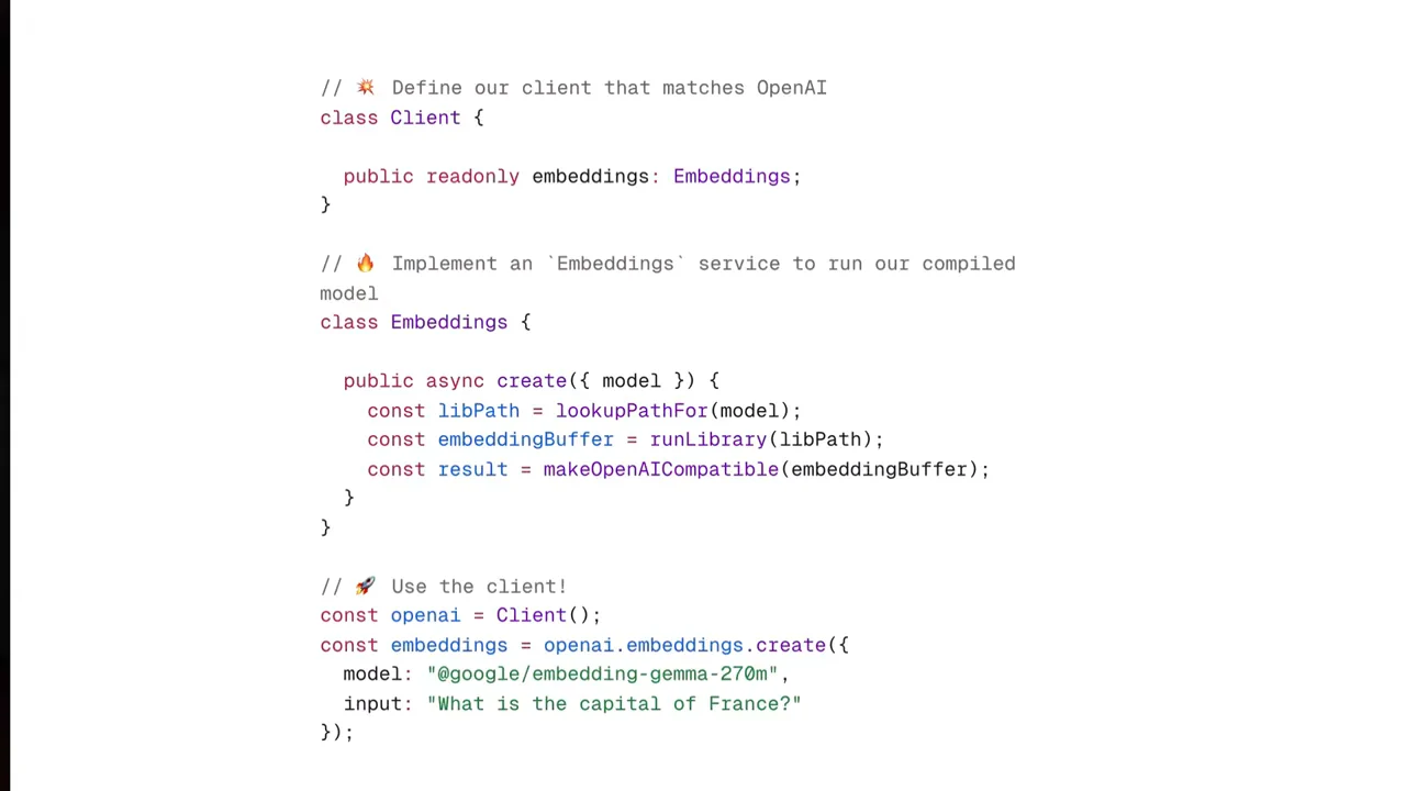 Code slide showing a Client class, an Embeddings create method with library lookup, execution and compatibility conversion, and an embedding request asking the capital of France.