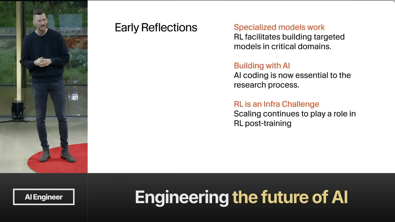 Early Reflections slide lists three lessons: specialized models work, AI coding is essential to research, and scaling continues to matter in RL post-training.