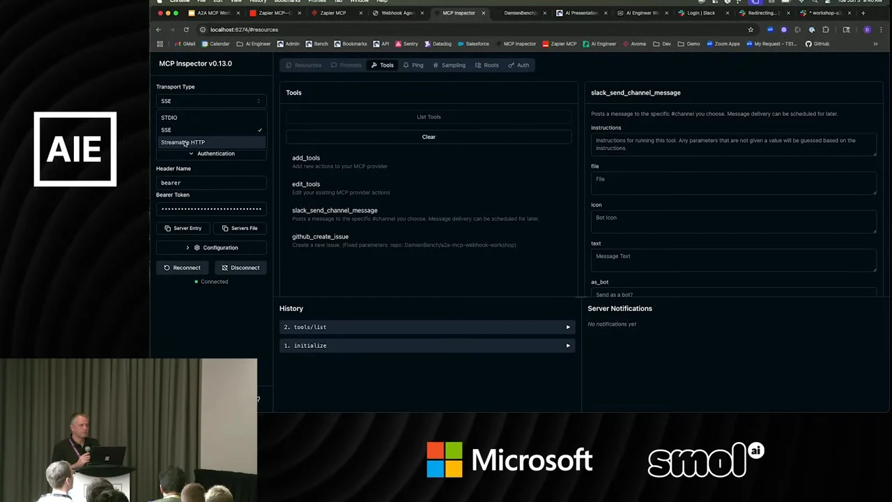 MCP Inspector with the transport menu open, a masked bearer token field, and a Slack message tool form.