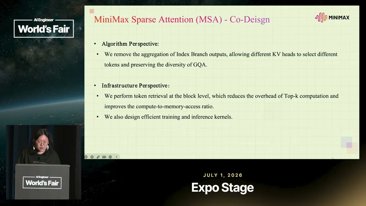 Selected presentation frame from How MiniMax M3 Was Built: Sparse Attention and Native Multimodality — Olive Song at 481 seconds