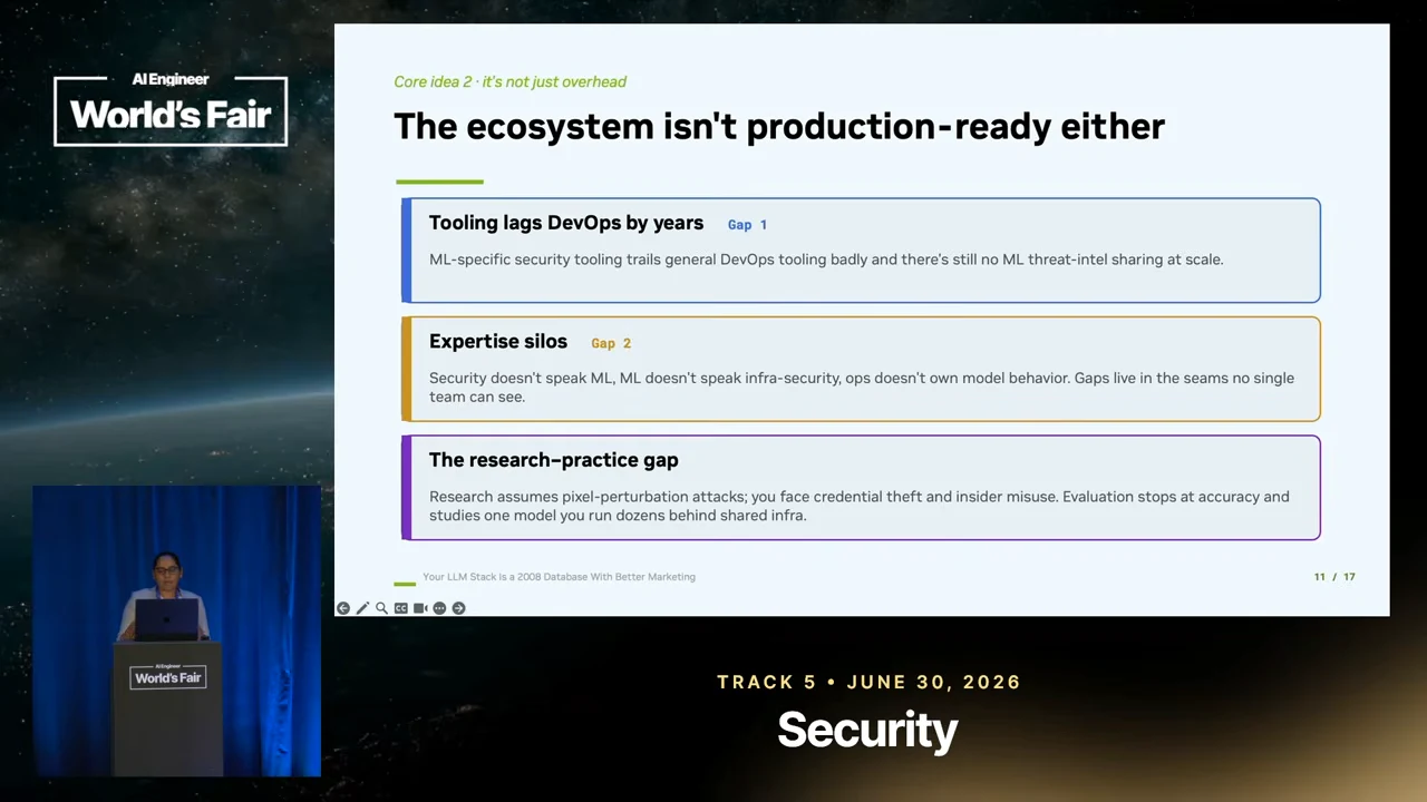 Slide titled “The ecosystem isn't production-ready either” with three colored panels labeled Tooling lags DevOps by years, Expertise silos, and The research–practice gap.