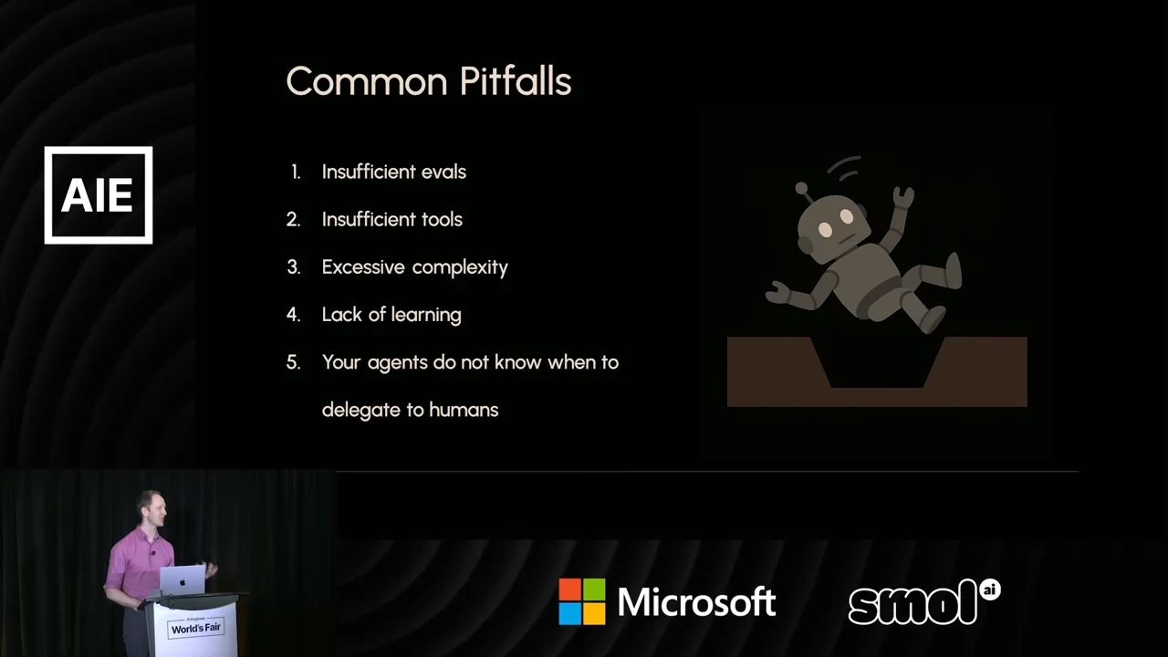 Common Pitfalls slide lists insufficient evals, insufficient tools, excessive complexity, lack of learning, and agents not knowing when to delegate to humans, beside a robot falling into a hole.