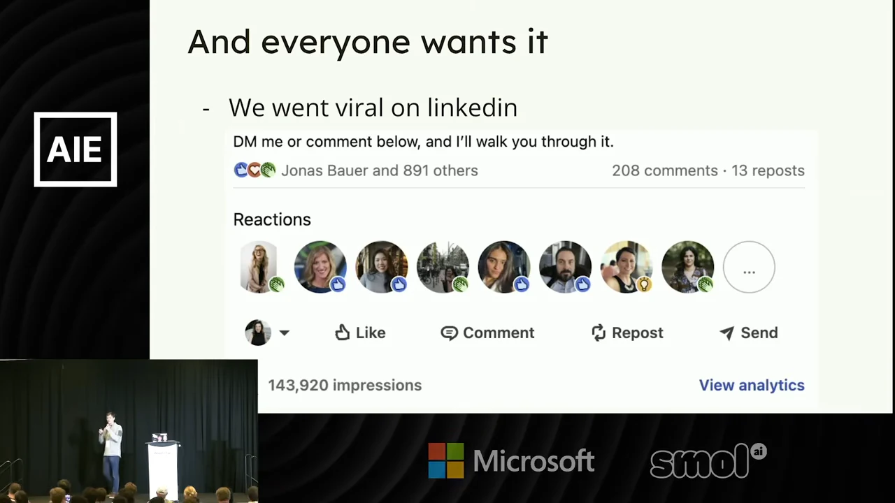 Slide says “We went viral on linkedin” above a LinkedIn screenshot showing reactions, 208 comments, 13 reposts, and 143,920 impressions.