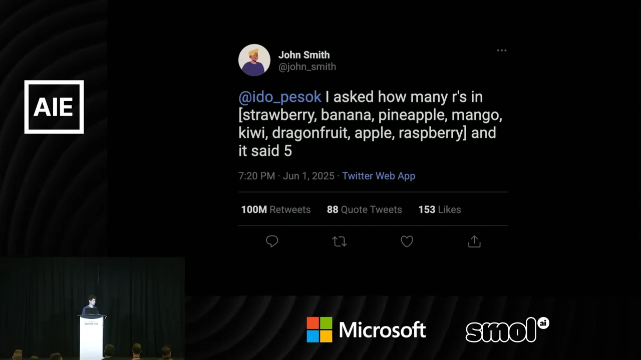Tweet-style slide from John Smith listing strawberry, banana, pineapple, mango, kiwi, dragonfruit, apple and raspberry, and reporting that the app counted five r’s.
