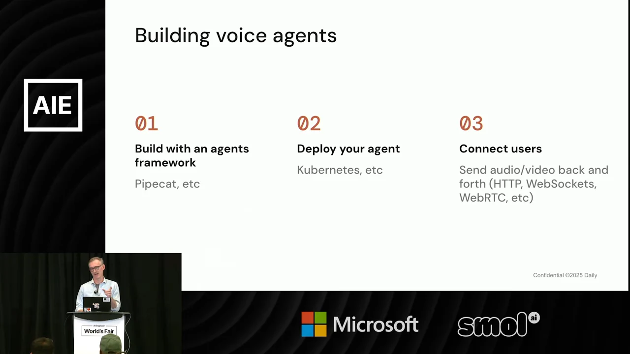 Slide with three columns covering an agents framework such as Pipecat, deployment such as Kubernetes, and audio/video connections using HTTP, WebSockets, or WebRTC.