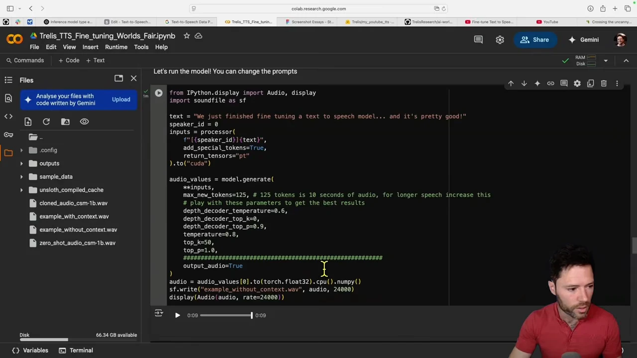 Colab notebook showing a speech prompt, generation settings, audio-saving code, and an audio player beneath the cell.