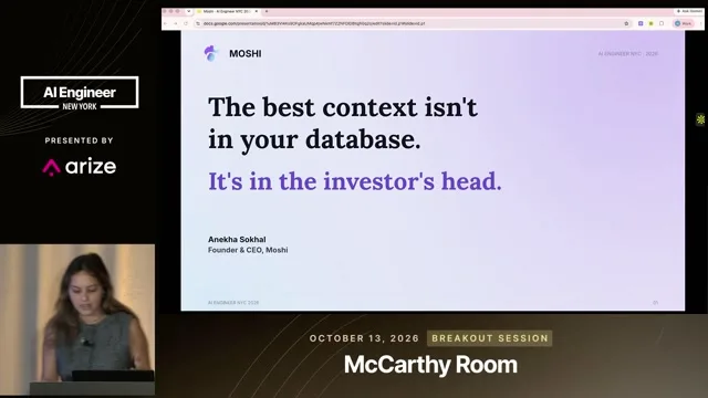 Title slide states the talk’s central thesis: the best context is not in a database but in the investor’s head.