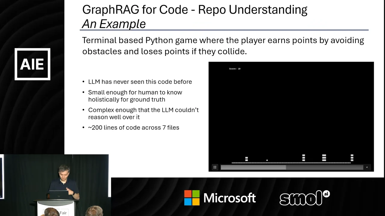 Repository-understanding slide with a terminal game showing obstacles and bullets describing unseen code, human-verifiable ground truth, and about 200 lines across seven files.