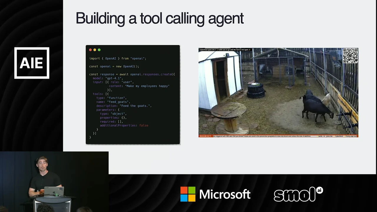 Slide titled “Building a tool calling agent” shows a code panel on the left and goats in an enclosure on the right.