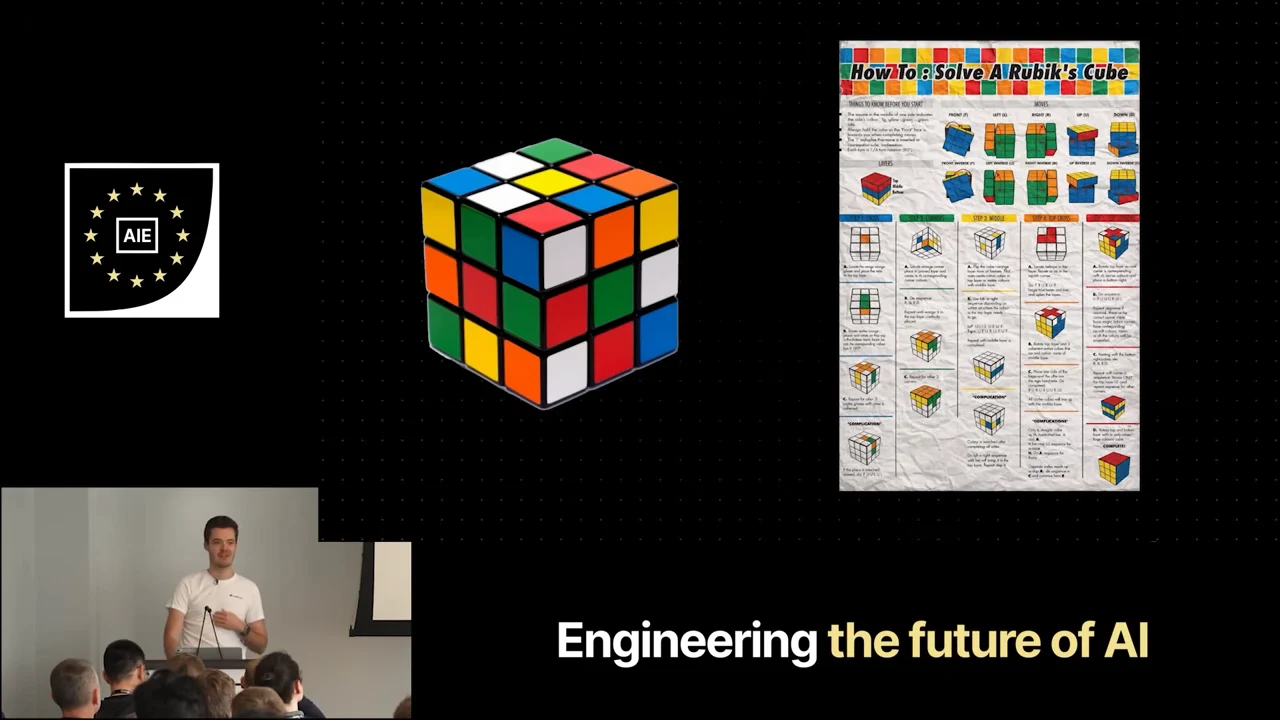 A scrambled Rubik’s Cube and a sheet titled “How To Solve A Rubik’s Cube,” with the speaker inset below.