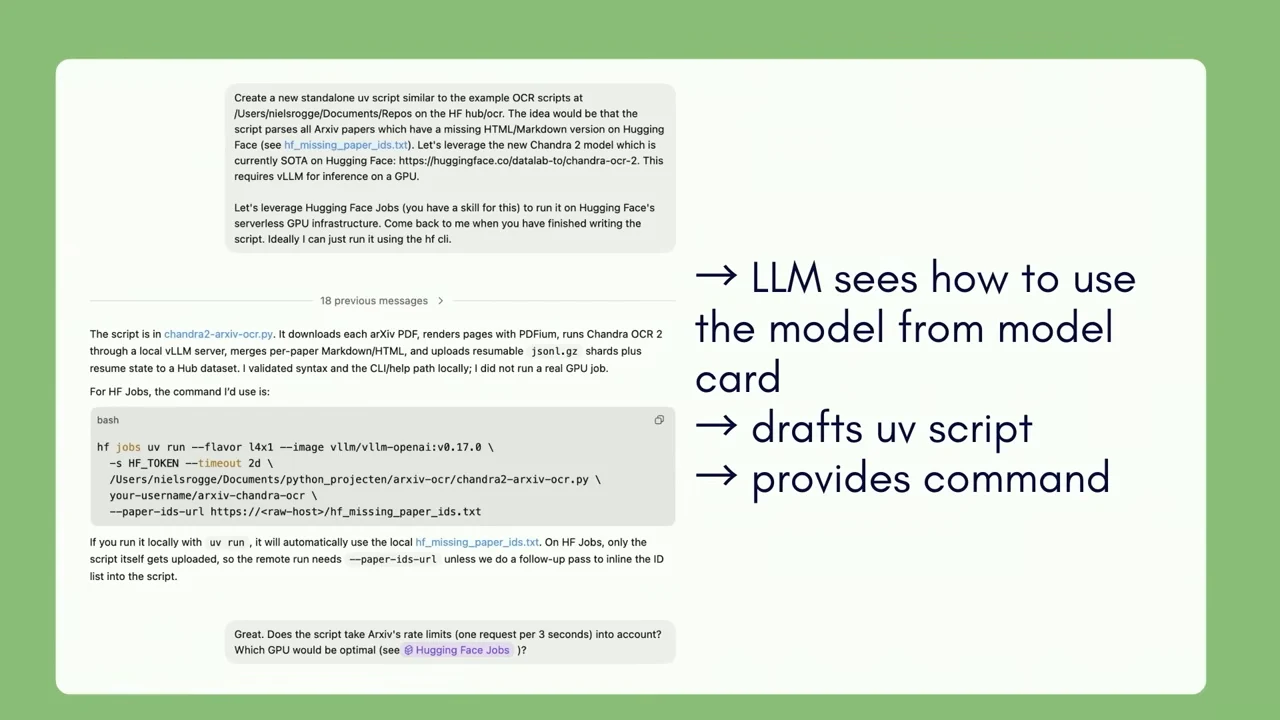 Chat screenshot containing an OCR processing response and command block, beside bullets about using the model card, drafting a script and providing a command.