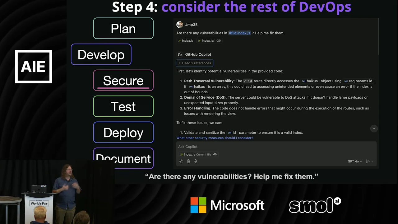 DevOps stages with Secure underlined beside a Copilot response listing potential vulnerabilities and suggested fixes.