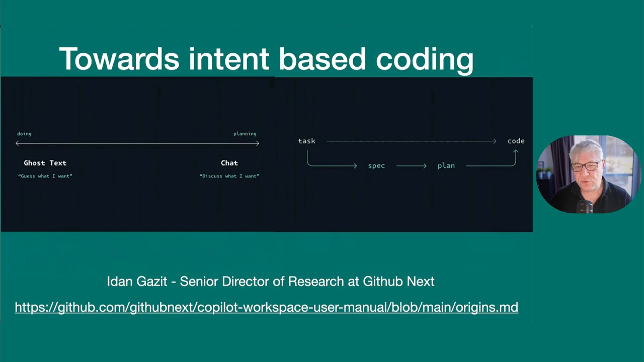 Slide titled “Towards intent based coding” shows Ghost Text and Chat along a doing-to-planning continuum, beside a task-to-code diagram with spec and plan steps.