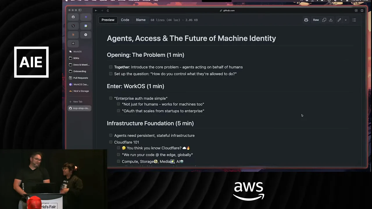 GitHub agenda titled “Agents, Access & The Future of Machine Identity,” with sections on the opening problem, WorkOS, and infrastructure.