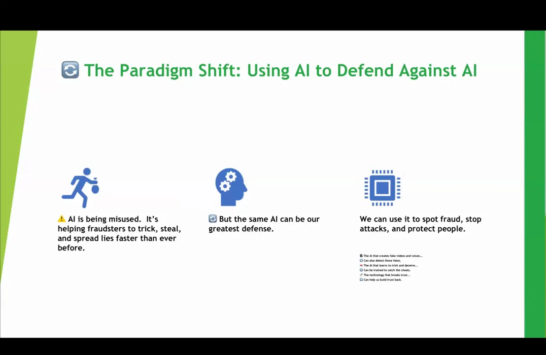 Three illustrated columns describe AI misuse, AI as a defense, and spotting fraud to protect people.