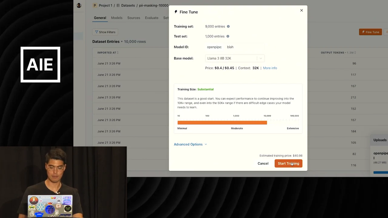 Fine Tune dialog showing 9,000 training entries, 1,000 test entries, a base-model selector, training-size guidance, advanced options and a Start Training button.