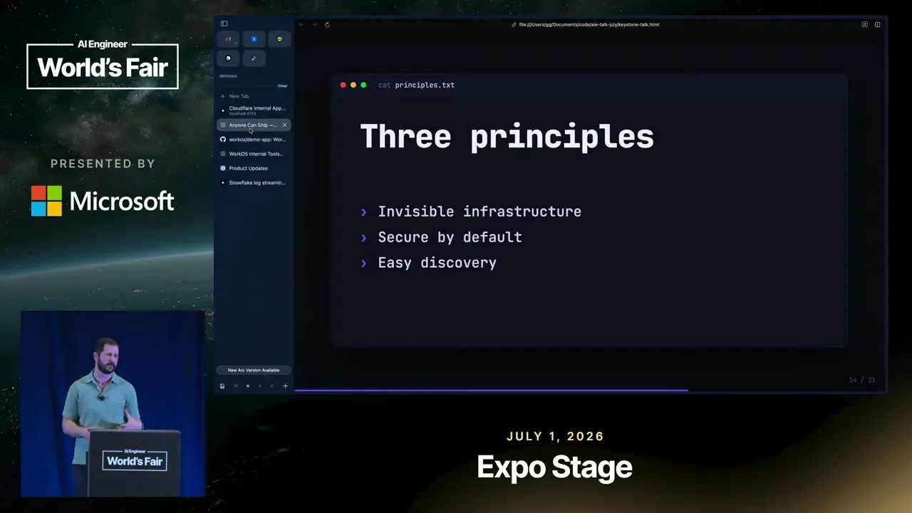 Selected presentation frame from Let Anyone at Your Company Ship Internal Apps with AI — Garrett Galow, WorkOS at 698 seconds
