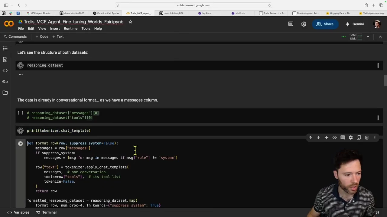 Colab notebook showing message and tool inspection cells and a formatting function that applies the chat template, with an option to remove system messages.