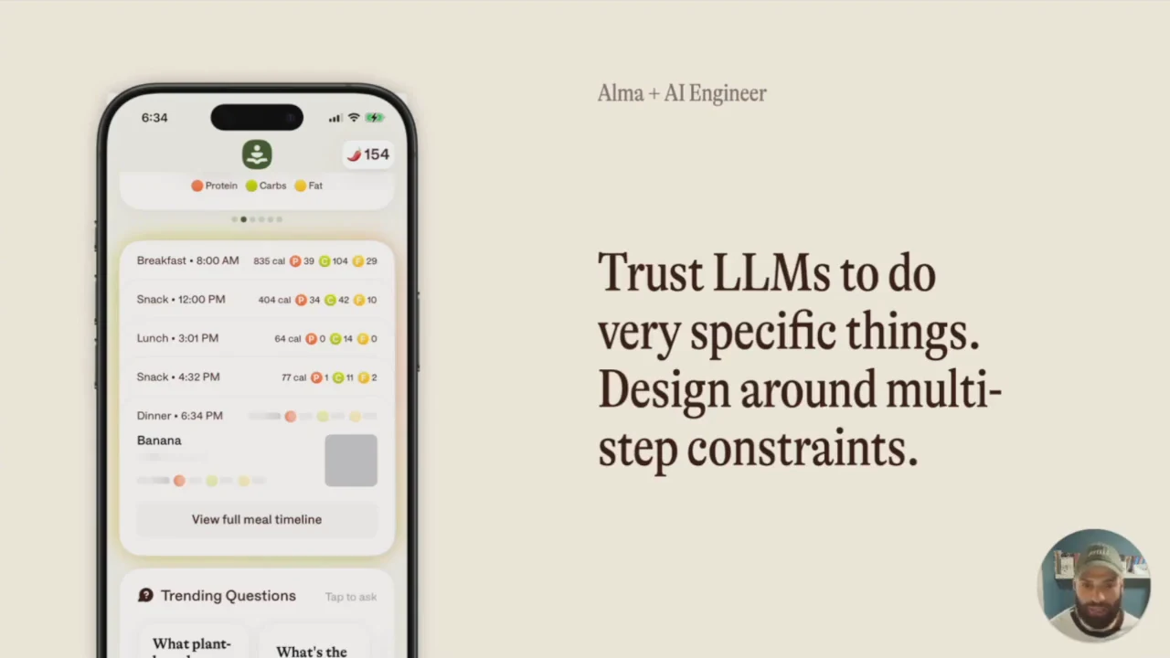 Phone screenshot showing a meal timeline with a Banana entry and gray placeholders, beside “Trust LLMs to do very specific things. Design around multi-step constraints.”