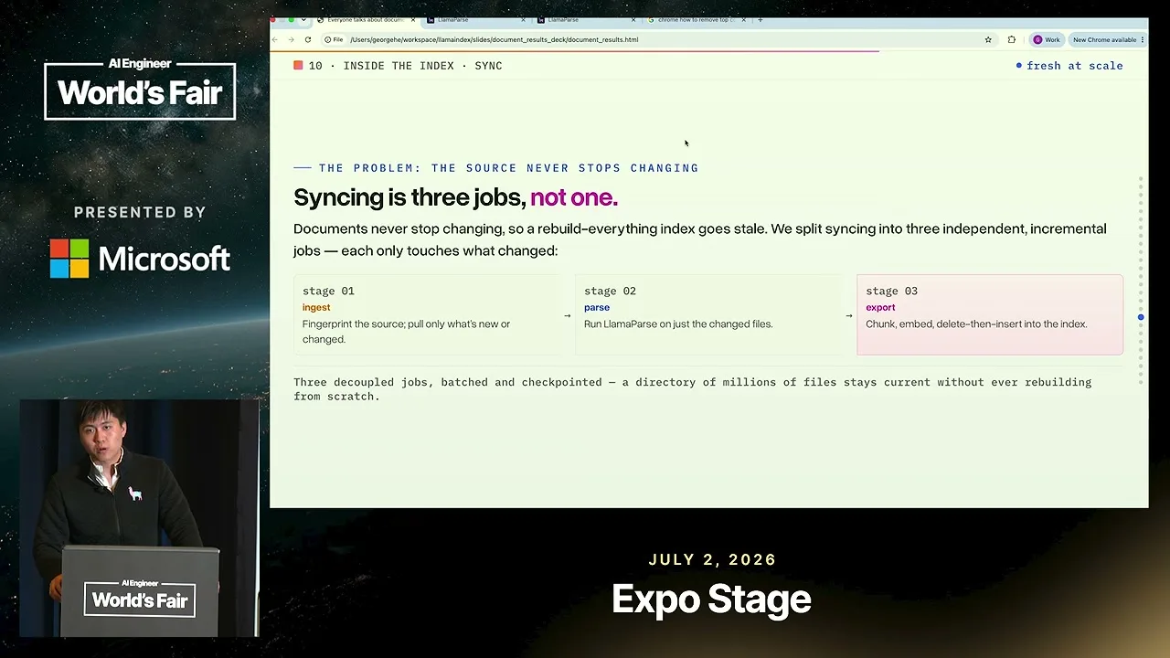 Selected presentation frame from Grep or Embeddings? Agentic Search Over Company Documents — George He, LlamaIndex at 960 seconds